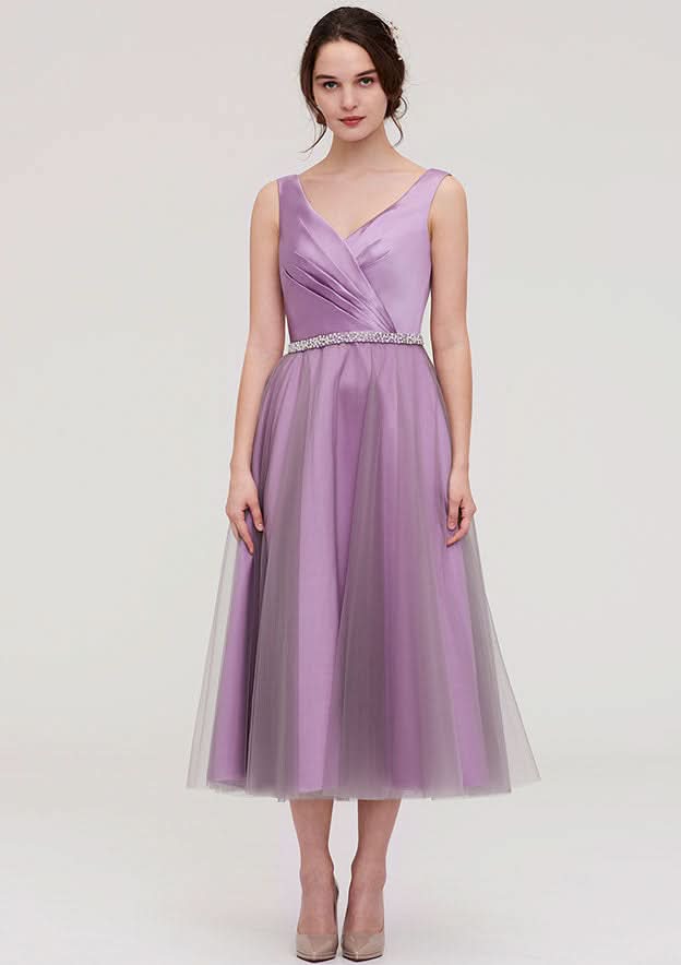 Tea-Length Tulle Bridesmaid Dress, A-Line/Princess Style, V-Neck, Sleeveless, Waistband, Beading, And Pleats BM bride