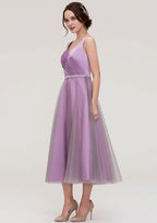 Tea-Length Tulle Bridesmaid Dress, A-Line/Princess Style, V-Neck, Sleeveless, Waistband, Beading, And Pleats BM bride