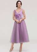 Tea-Length Tulle Bridesmaid Dress, A-Line/Princess Style, V-Neck, Sleeveless, Waistband, Beading, And Pleats BM bride