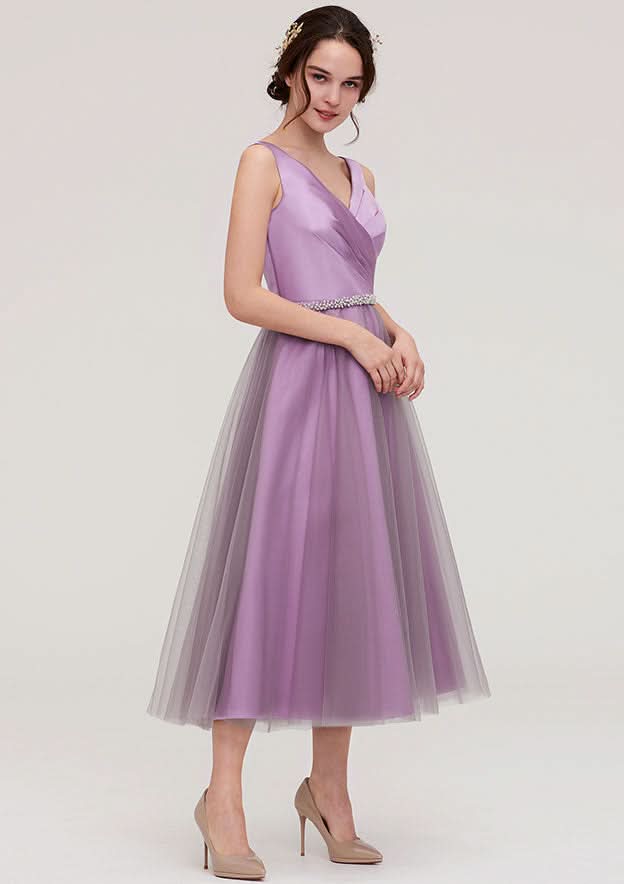 Tea-Length Tulle Bridesmaid Dress, A-Line/Princess Style, V-Neck, Sleeveless, Waistband, Beading, And Pleats BM bride