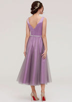 Tea-Length Tulle Bridesmaid Dress, A-Line/Princess Style, V-Neck, Sleeveless, Waistband, Beading, And Pleats BM bride