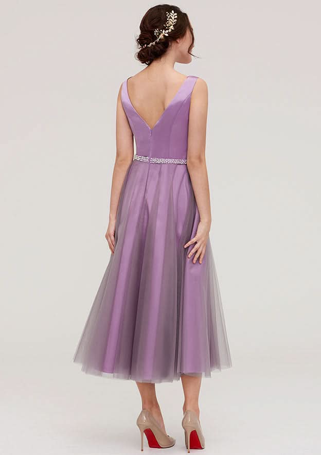 Tea-Length Tulle Bridesmaid Dress, A-Line/Princess Style, V-Neck, Sleeveless, Waistband, Beading, And Pleats BM bride