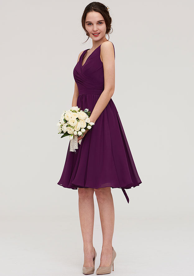 Knee-Length Chiffon Bridesmaid Dresses, A-Line/Princess Style, V-Neck, Sleeveless, With Pleats BM bride