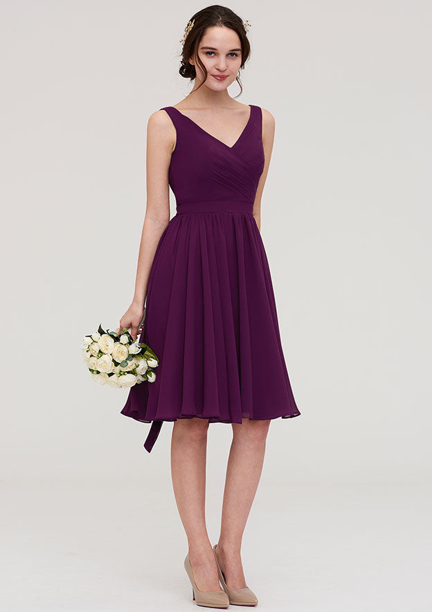 Knee-Length Chiffon Bridesmaid Dresses, A-Line/Princess Style, V-Neck, Sleeveless, With Pleats BM bride