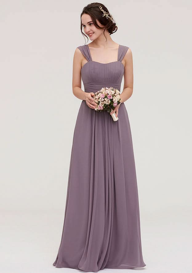 Floor-Length Chiffon Bridesmaid Dress With Pleats In A-Line/Princess Style, Square Neck, Sleeveless BM bride