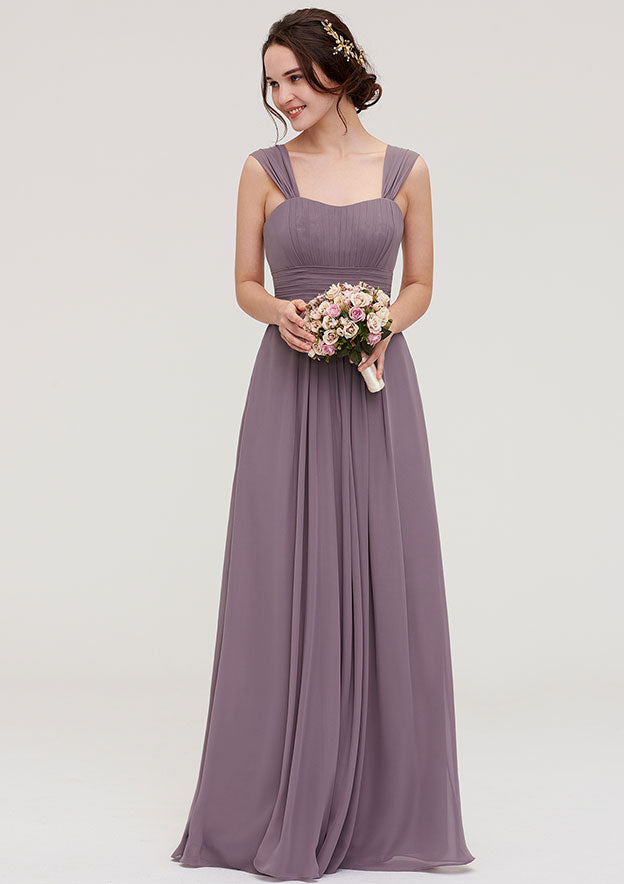 Floor-Length Chiffon Bridesmaid Dress With Pleats In A-Line/Princess Style, Square Neck, Sleeveless BM bride
