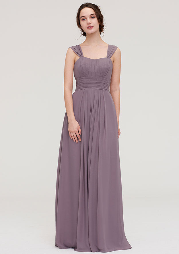 Floor-Length Chiffon Bridesmaid Dress With Pleats In A-Line/Princess Style, Square Neck, Sleeveless BM bride