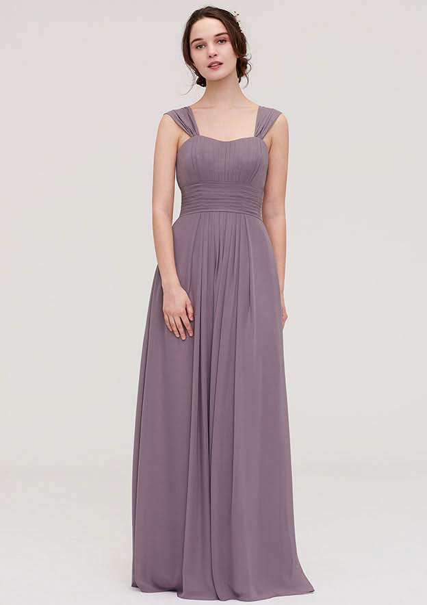 Floor-Length Chiffon Bridesmaid Dress With Pleats In A-Line/Princess Style, Square Neck, Sleeveless BM bride
