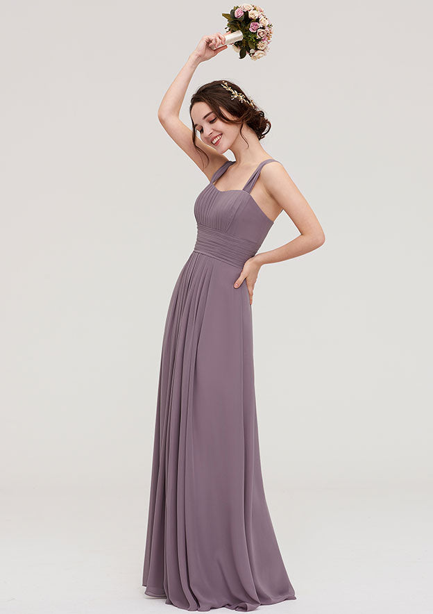 Floor-Length Chiffon Bridesmaid Dress With Pleats In A-Line/Princess Style, Square Neck, Sleeveless BM bride