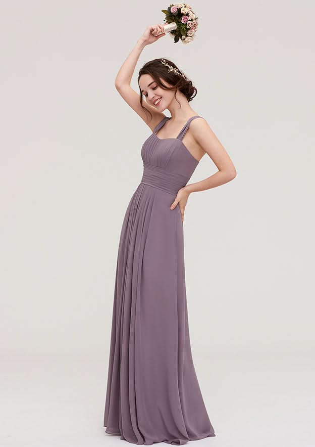 Floor-Length Chiffon Bridesmaid Dress With Pleats In A-Line/Princess Style, Square Neck, Sleeveless BM bride
