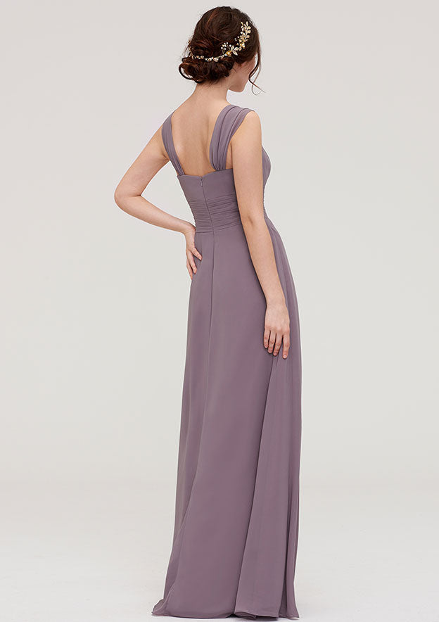 Floor-Length Chiffon Bridesmaid Dress With Pleats In A-Line/Princess Style, Square Neck, Sleeveless BM bride