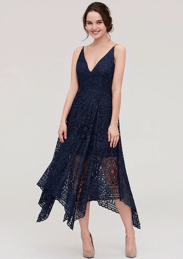 Tea-Length Lace Bridesmaid Dress, A-Line/Princess Style, V-Neck, Sleeveless BM bride