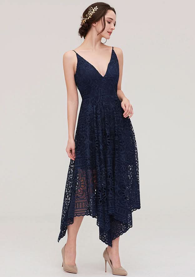 Tea-Length Lace Bridesmaid Dress, A-Line/Princess Style, V-Neck, Sleeveless BM bride