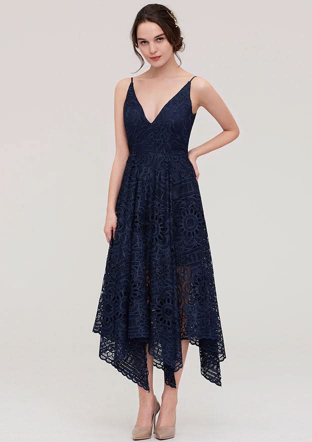 Tea-Length Lace Bridesmaid Dress, A-Line/Princess Style, V-Neck, Sleeveless BM bride