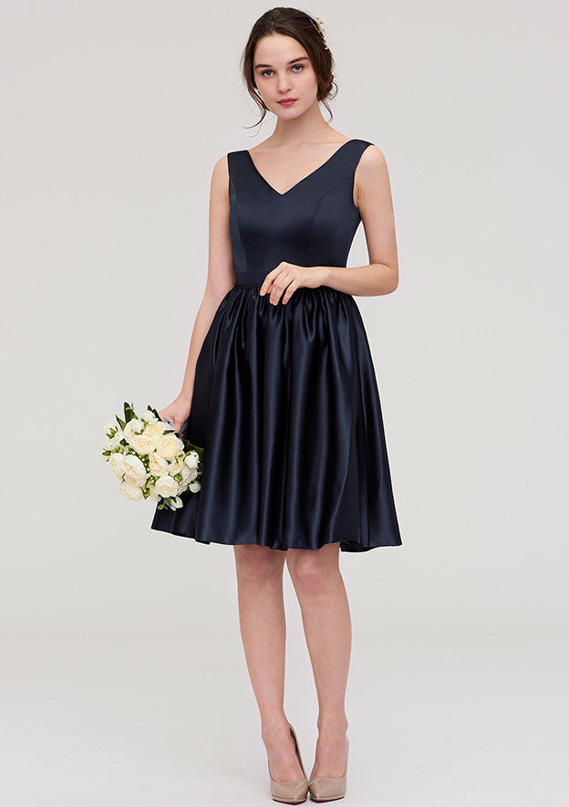 Knee-Length Satin Bridesmaid Dress, A-Line/Princess Style, V-Neck, Sleeveless, With Pleats BM bride
