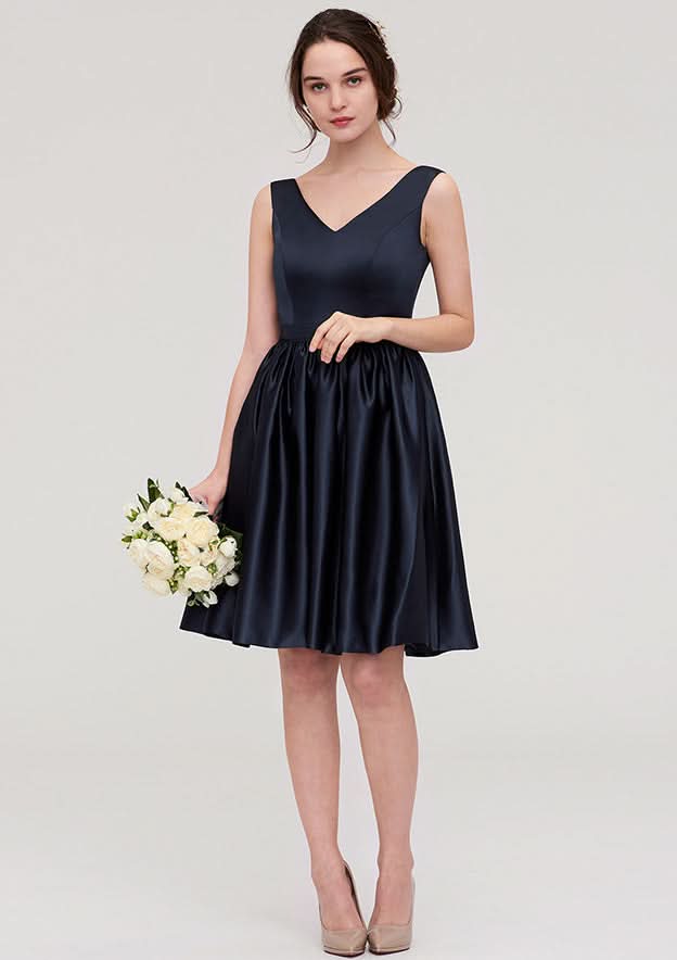 Knee-Length Satin Bridesmaid Dress, A-Line/Princess Style, V-Neck, Sleeveless, With Pleats BM bride