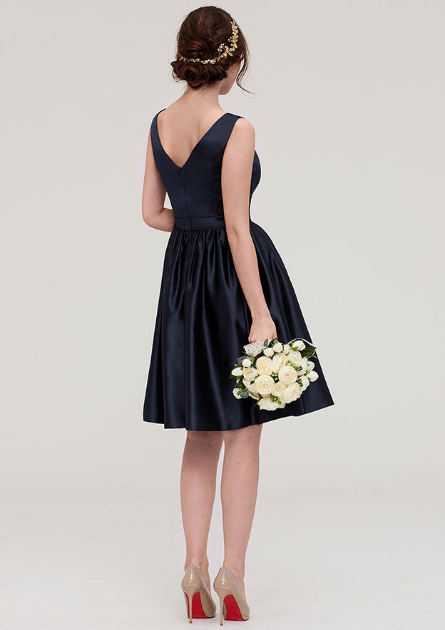 Knee-Length Satin Bridesmaid Dress, A-Line/Princess Style, V-Neck, Sleeveless, With Pleats BM bride