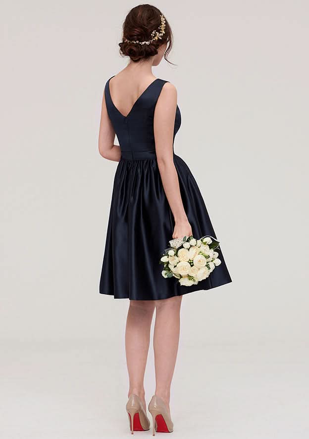 Knee-Length Satin Bridesmaid Dress, A-Line/Princess Style, V-Neck, Sleeveless, With Pleats BM bride