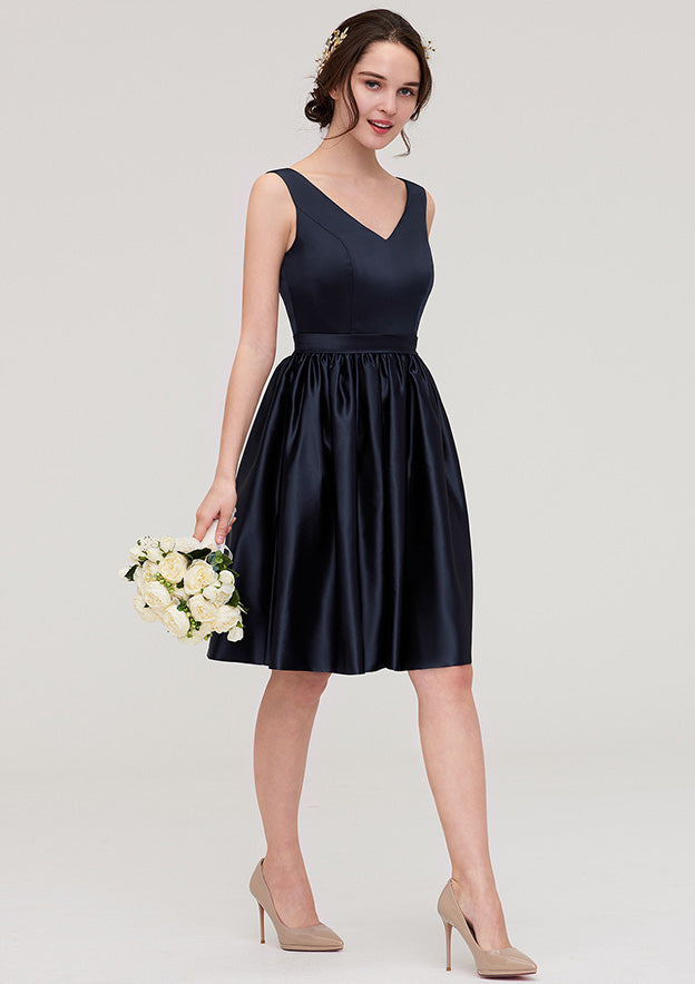 Knee-Length Satin Bridesmaid Dress, A-Line/Princess Style, V-Neck, Sleeveless, With Pleats BM bride