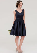 Knee-Length Satin Bridesmaid Dress, A-Line/Princess Style, V-Neck, Sleeveless, With Pleats BM bride