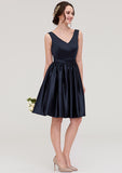 Knee-Length Satin Bridesmaid Dress, A-Line/Princess Style, V-Neck, Sleeveless, With Pleats BM bride