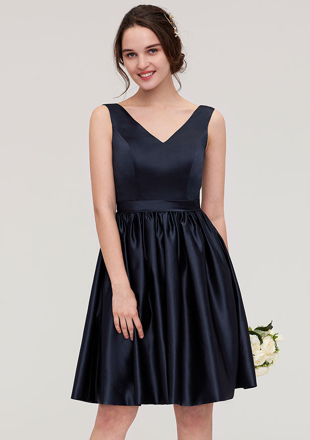 Knee-Length Satin Bridesmaid Dress, A-Line/Princess Style, V-Neck, Sleeveless, With Pleats BM bride