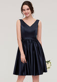 Knee-Length Satin Bridesmaid Dress, A-Line/Princess Style, V-Neck, Sleeveless, With Pleats BM bride