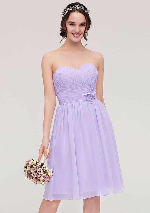 Knee-Length Chiffon Bridesmaid Dress, A-Line/Princess Shape, Sweetheart Neck, Sleeveless, With Pleats And Flowers BM bride
