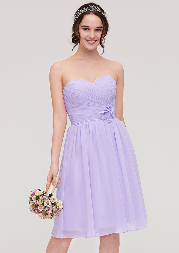 Knee-Length Chiffon Bridesmaid Dress, A-Line/Princess Shape, Sweetheart Neck, Sleeveless, With Pleats And Flowers BM bride