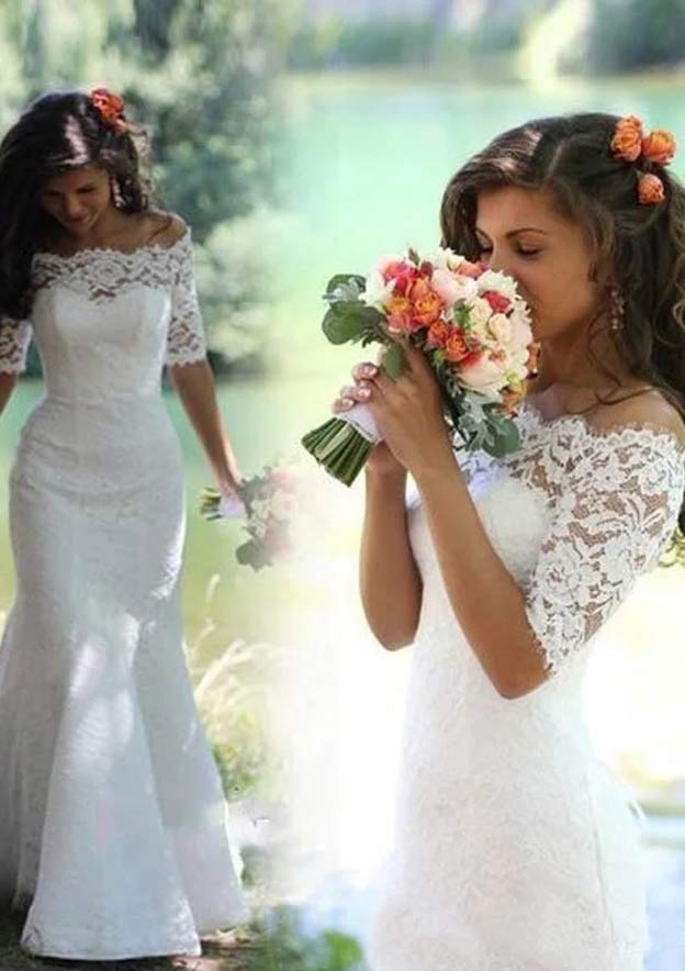 Timeless Lace Trumpet/Mermaid Wedding Dress with Off-the-Shoulder Design and Court Train with Applique BM bride