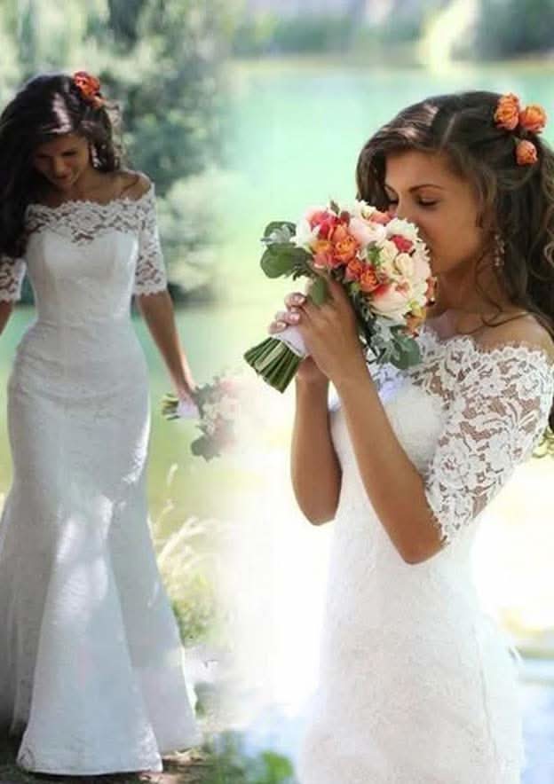 Timeless Lace Trumpet/Mermaid Wedding Dress with Off-the-Shoulder Design and Court Train with Appliqued BM bride