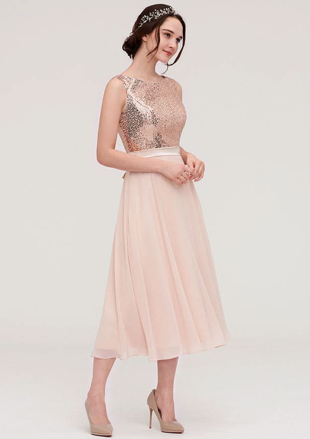 A-Line/Princess Chiffon Bridesmaid Dress, Bateau Neck, Sleeveless, With Sashes And Sequins BM bride