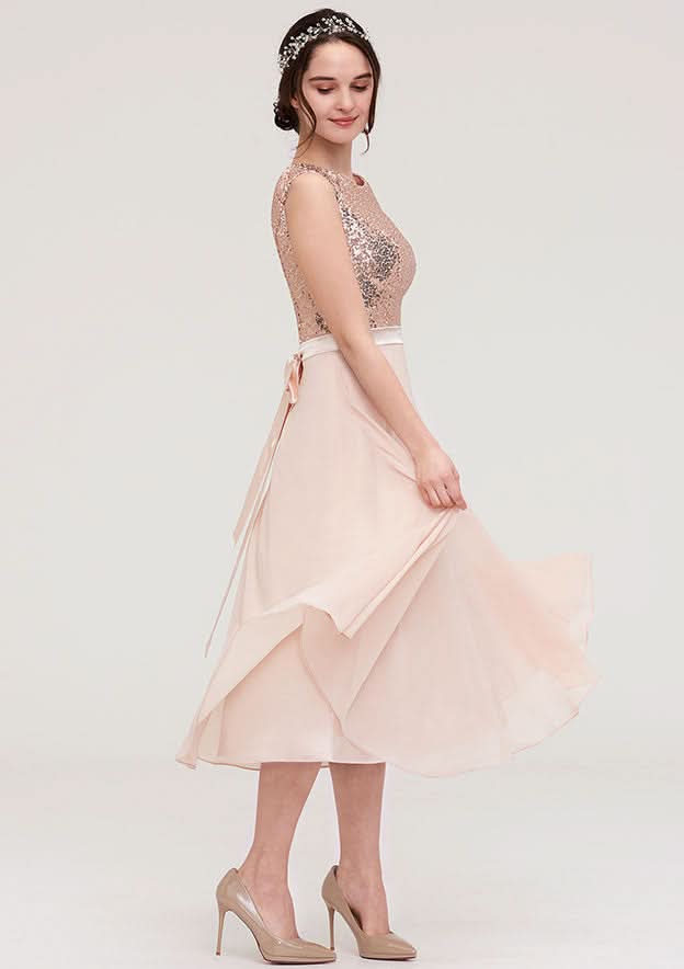 A-Line/Princess Chiffon Bridesmaid Dress, Bateau Neck, Sleeveless, With Sashes And Sequins BM bride