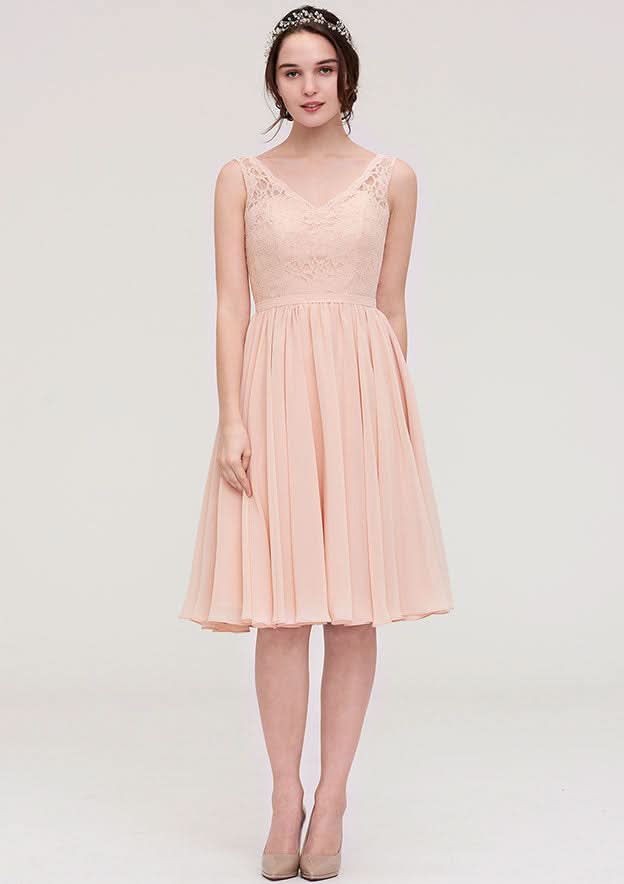 Knee-Length Chiffon Bridesmaid Dress, A-Line/Princess Shape, V-Neck, Sleeveless, With Lace BM bride