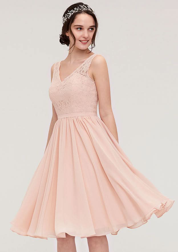 Knee-Length Chiffon Bridesmaid Dress, A-Line/Princess Shape, V-Neck, Sleeveless, With Lace BM bride