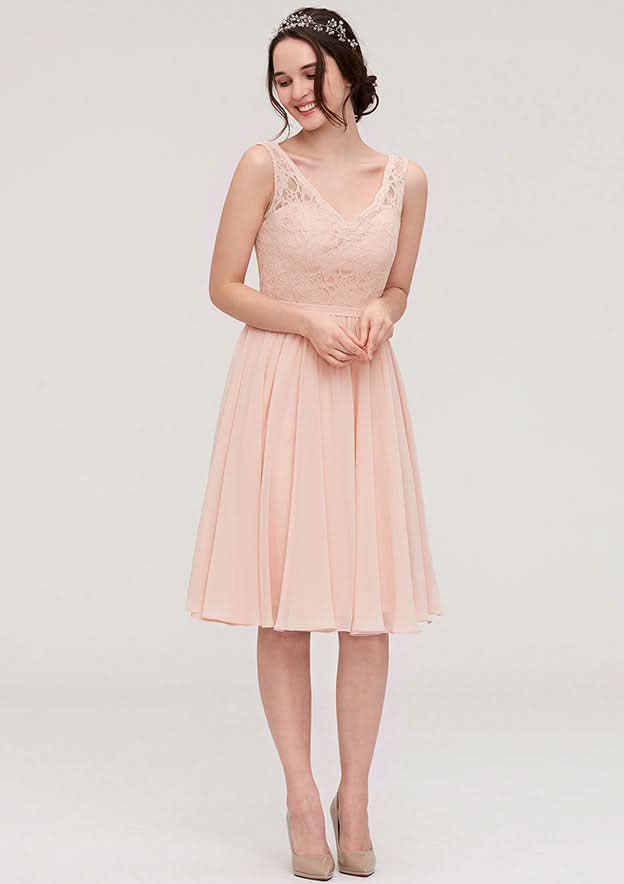 Knee-Length Chiffon Bridesmaid Dress, A-Line/Princess Shape, V-Neck, Sleeveless, With Lace BM bride