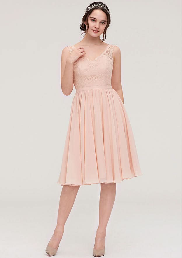 Knee-Length Chiffon Bridesmaid Dress, A-Line/Princess Shape, V-Neck, Sleeveless, With Lace BM bride