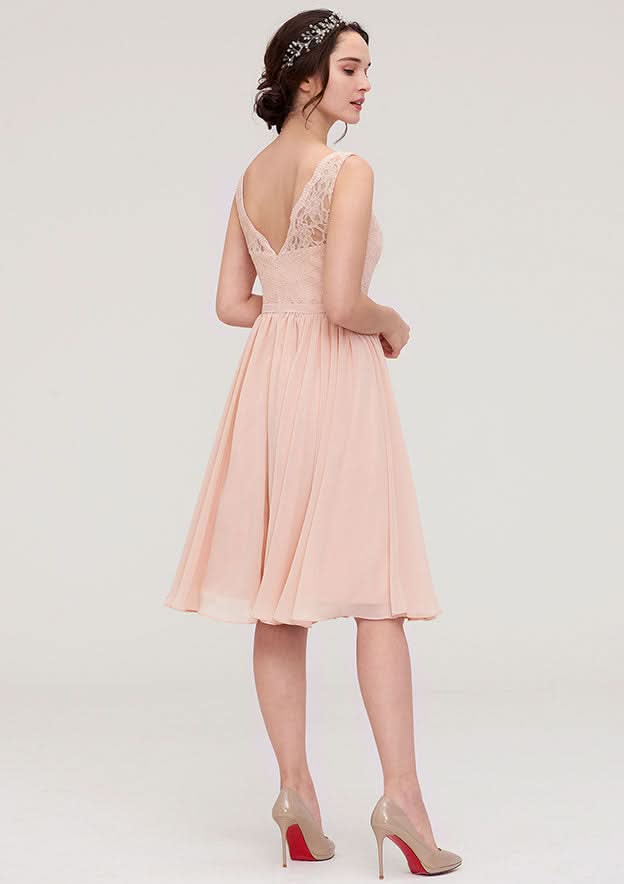Knee-Length Chiffon Bridesmaid Dress, A-Line/Princess Shape, V-Neck, Sleeveless, With Lace BM bride