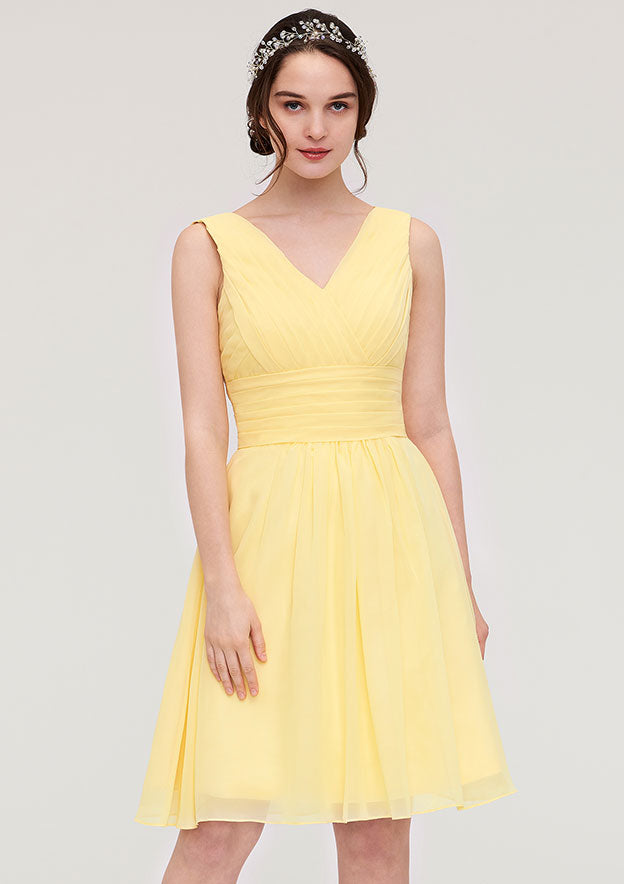 Knee-Length Chiffon Bridesmaid Dress, A-Line/Princess Style, V-Neck, Sleeveless, With Pleats BM bride
