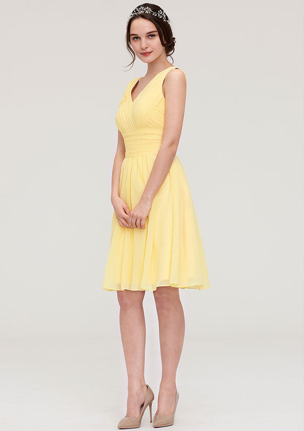 Knee-Length Chiffon Bridesmaid Dress, A-Line/Princess Style, V-Neck, Sleeveless, With Pleats BM bride