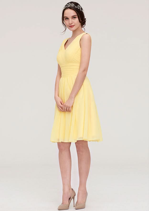 Knee-Length Chiffon Bridesmaid Dress, A-Line/Princess Style, V-Neck, Sleeveless, With Pleats BM bride
