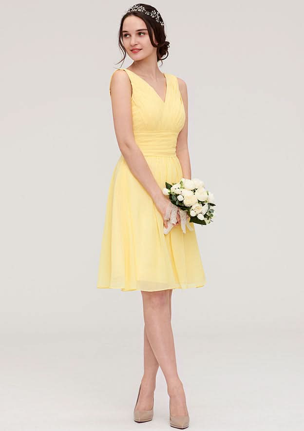 Knee-Length Chiffon Bridesmaid Dress, A-Line/Princess Style, V-Neck, Sleeveless, With Pleats BM bride
