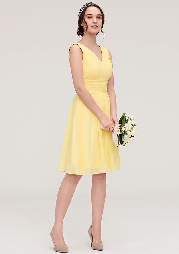 Knee-Length Chiffon Bridesmaid Dress, A-Line/Princess Style, V-Neck, Sleeveless, With Pleats BM bride