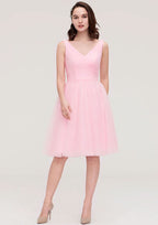 Knee-Length Tulle Bridesmaid Dress, A-Line/Princess Cut, V-Neck, Sleeveless, With Pleats BM bride