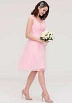 Knee-Length Tulle Bridesmaid Dress, A-Line/Princess Cut, V-Neck, Sleeveless, With Pleats BM bride