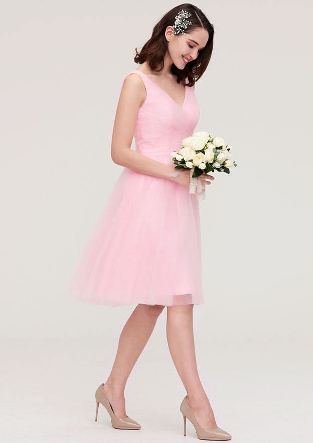 Knee-Length Tulle Bridesmaid Dress, A-Line/Princess Cut, V-Neck, Sleeveless, With Pleats BM bride