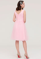 Knee-Length Tulle Bridesmaid Dress, A-Line/Princess Cut, V-Neck, Sleeveless, With Pleats BM bride