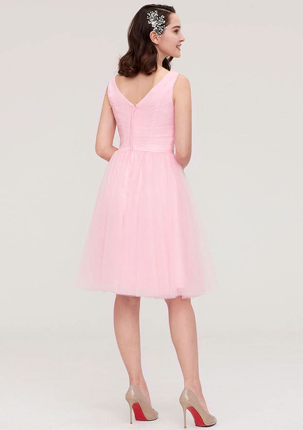 Knee-Length Tulle Bridesmaid Dress, A-Line/Princess Cut, V-Neck, Sleeveless, With Pleats BM bride
