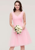 Knee-Length Tulle Bridesmaid Dress, A-Line/Princess Cut, V-Neck, Sleeveless, With Pleats BM bride