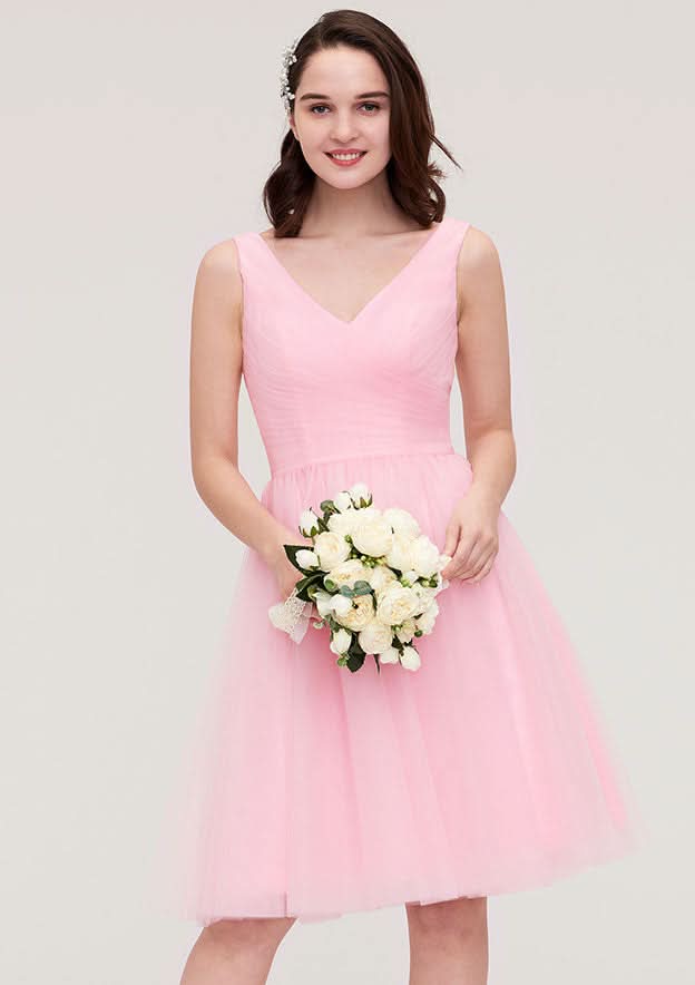 Knee-Length Tulle Bridesmaid Dress, A-Line/Princess Cut, V-Neck, Sleeveless, With Pleats BM bride